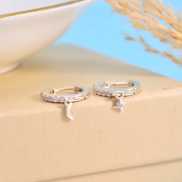 Star and Moon 925 Pure Silver Moissanite Hoop Earrings