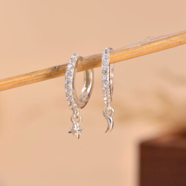 Star and Moon 925 Pure Silver Moissanite Hoop Earrings - Image 4