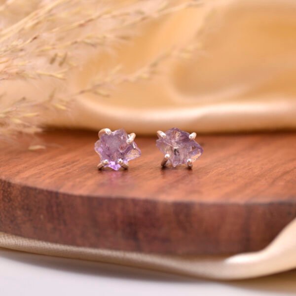 Raw Amethyst Stone 925 Pure Silver Studs Earrings