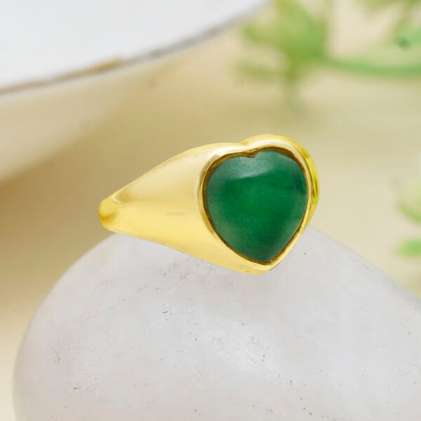 Green Aventurine Heart Shape Ring – 925 Pure Silver Gold Polish