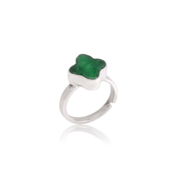 Green Onyx Clover Leaf 925 Pure Silver Adjustable Ring - Image 3