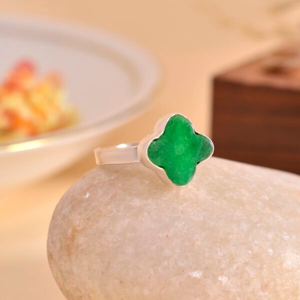 Green Onyx Clover Leaf 925 Pure Silver Adjustable Ring - Image 4