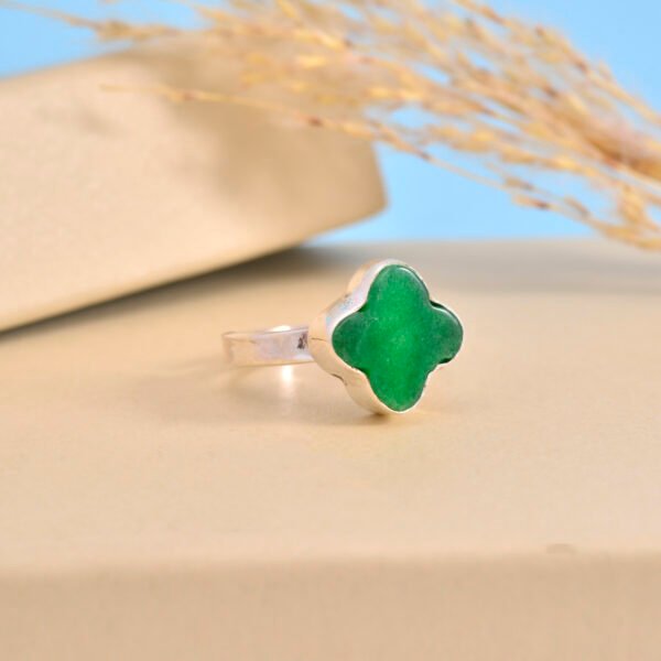 Green Onyx Clover Leaf 925 Pure Silver Adjustable Ring