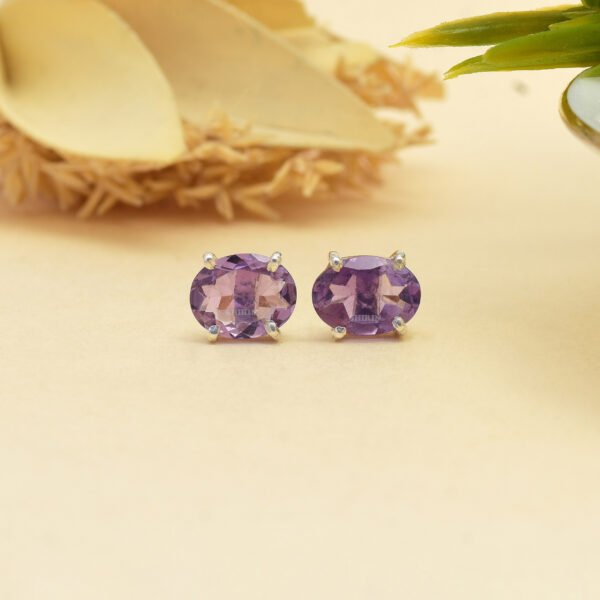 Amethyst Stone 925 Pure Silver Stud Earrings - Image 4