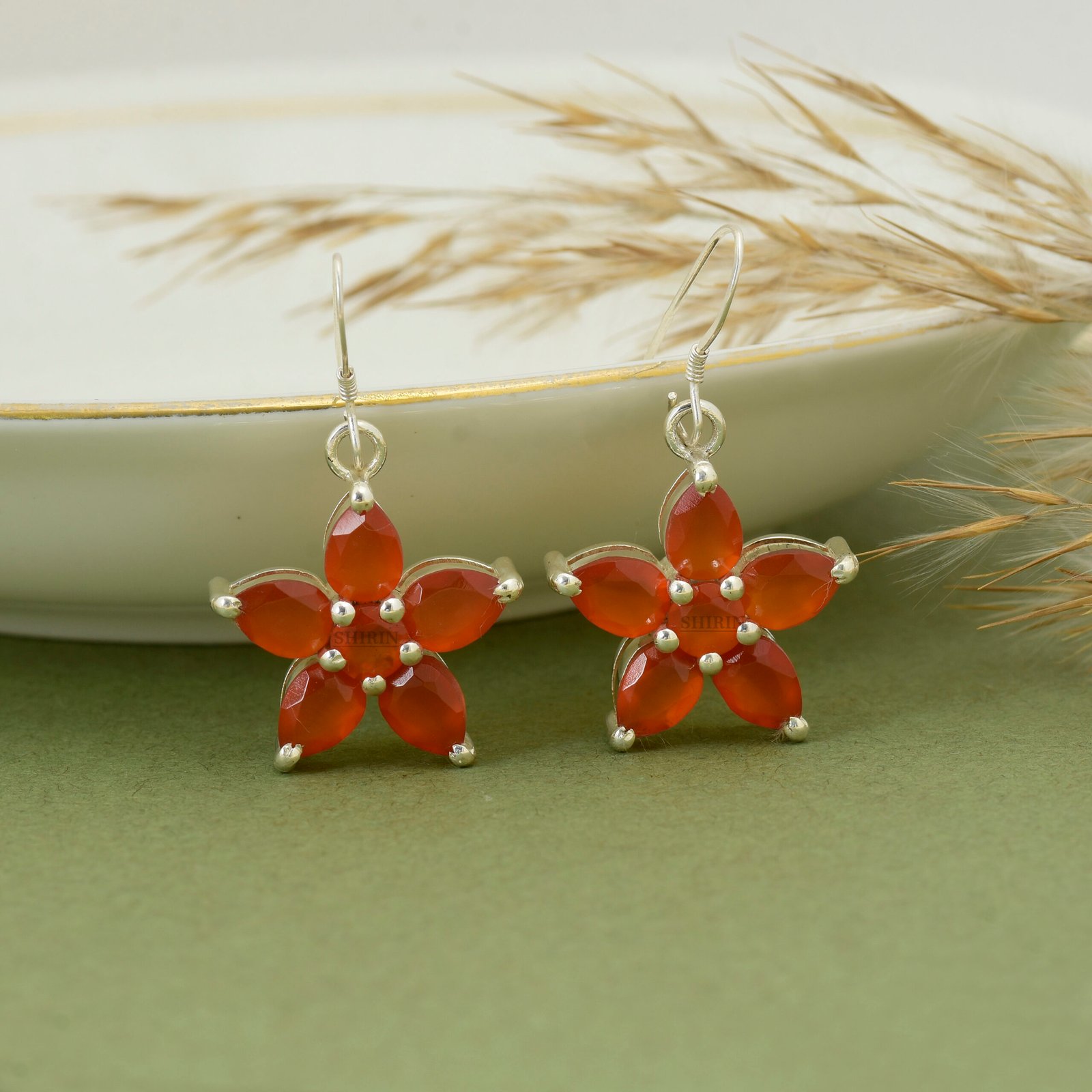 Red Carnelian Flower-Shaped Dangle Earrings in 925 Pure Sterling Silver