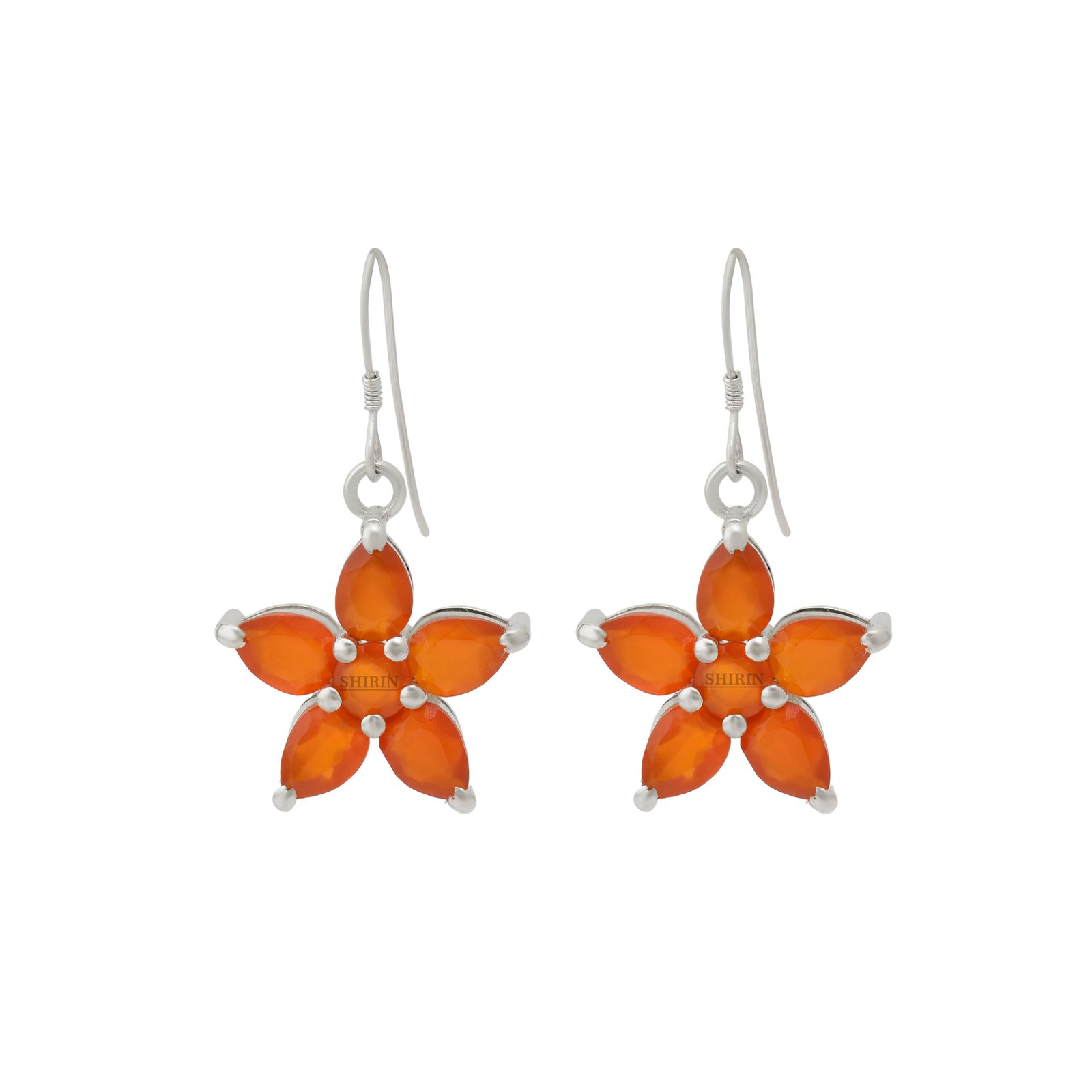 Red Carnelian Flower-Shaped Dangle Earrings in 925 Pure Sterling Silver - Image 3