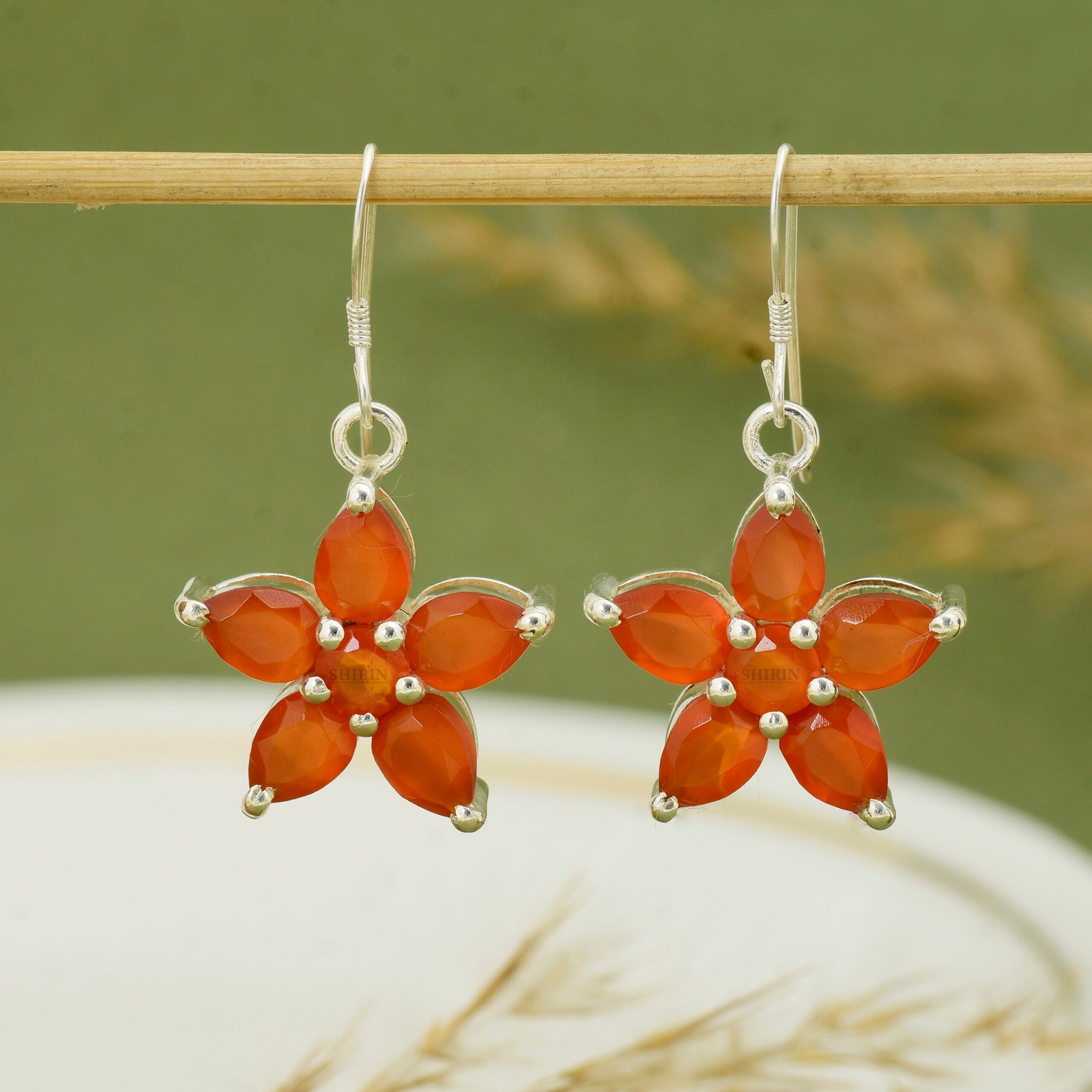 Red Carnelian Flower-Shaped Dangle Earrings in 925 Pure Sterling Silver - Image 2
