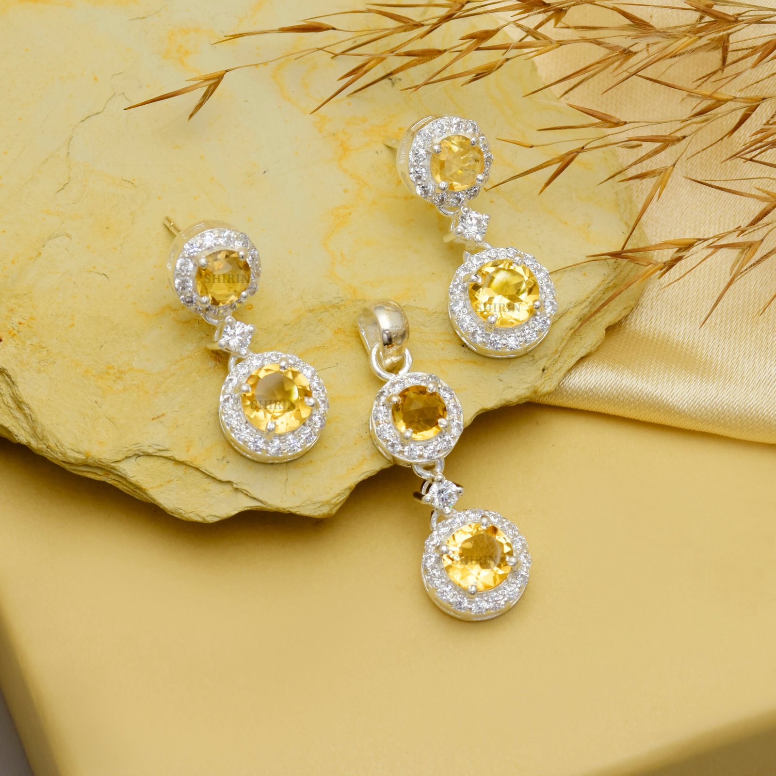 Citrine Moissanite Dangle Earrings & Pendant Set – 925 Pure Silver