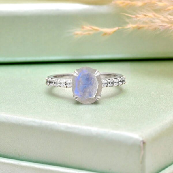 Adjustable Moonstone and Moissanite Stone 925 Silver Ring - Image 2