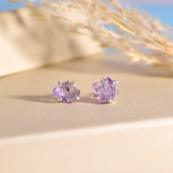 Raw Amethyst Stone 925 Pure Silver Studs Earrings - Image 2