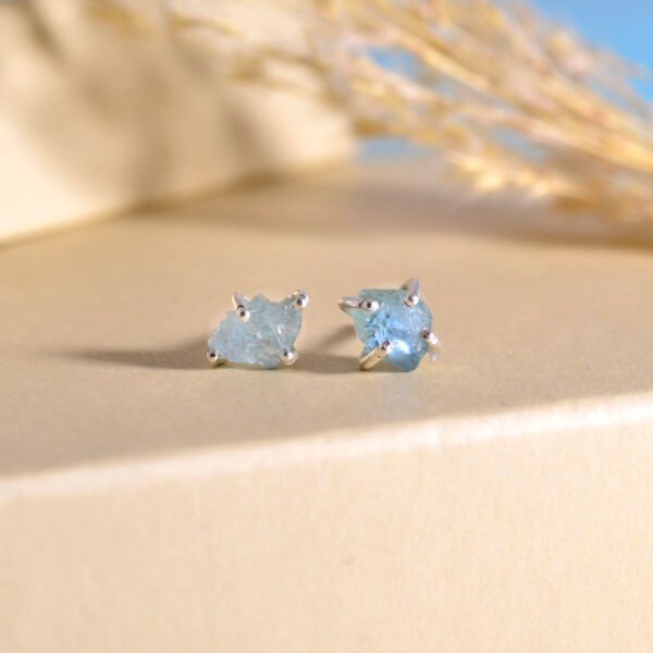 Raw Aquamarine Stone 925 Pure Silver Stud Earrings - Image 2