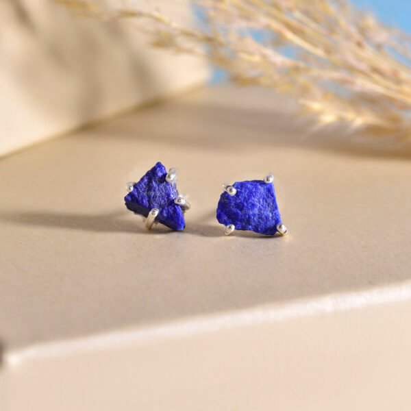 Lapis Lazuli Raw Stone 925 Pure Silver Stud Earrings - Image 2