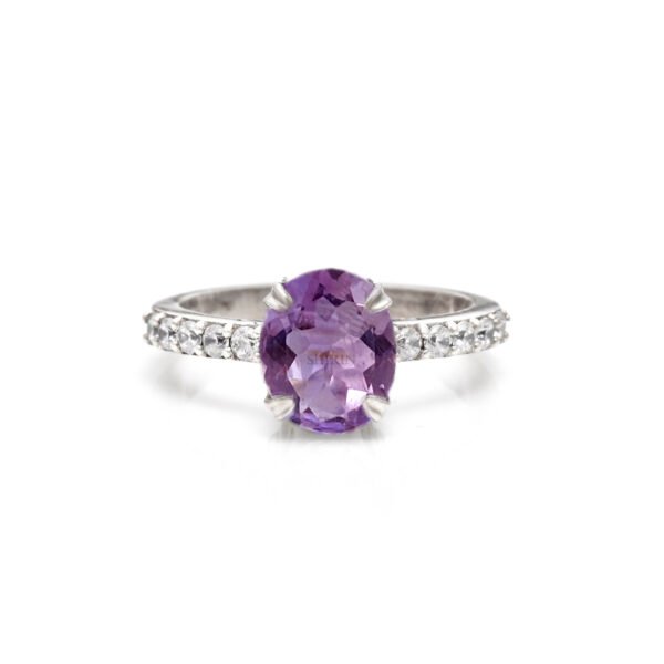 Adjustable Amethyst and Moissanite Stone 925 Silver Ring - Image 2