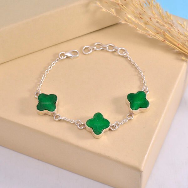 Green Onyx Clover Leaf Lucky Charm 925 Pure Silver Bracelet