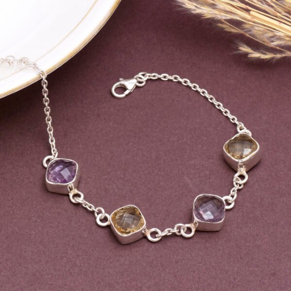 Amethyst & Citrine Clover Leaf Stone 925 Pure Silver Adjustable Bracelet - Image 2