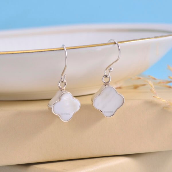 Mother of Pearl Clover Leaf 925 Sterling Silver Dangle Earrings - Image 2