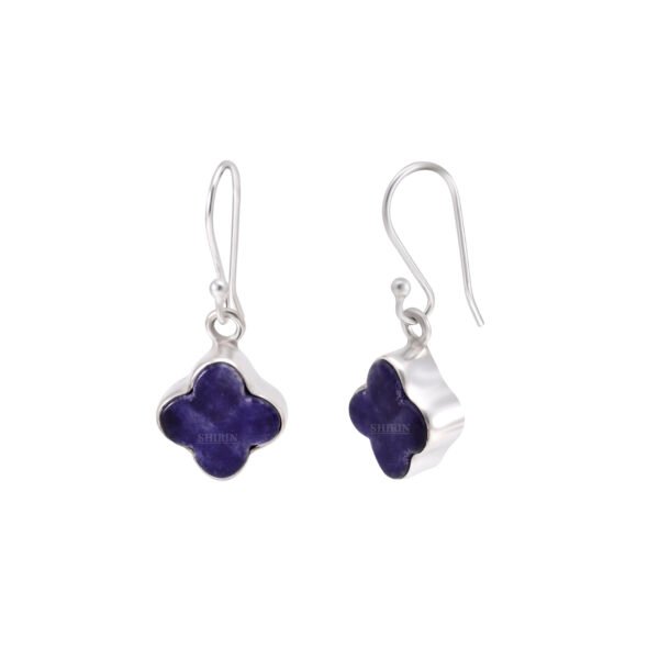 Sodalite Clover Leaf 925 Pure Silver Dangle Earrings - Image 2