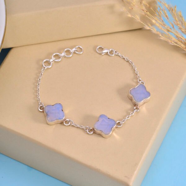 Opalite Stone Clover Leaf 925 Pure Silver Adjustable Bracelet - Image 2