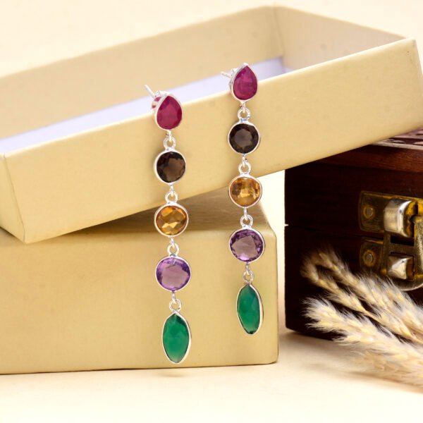 Multi-Stone 4-Layer Dangle Earrings in 925 Pure Silver