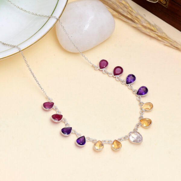 Multi-Stone Single-Layer Necklace in 925 Pure Sterling Silver - Image 2