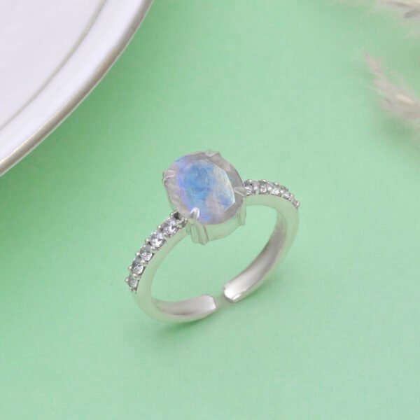 Adjustable Moonstone and Moissanite Stone 925 Silver Ring - Image 3