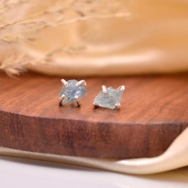 Raw Aquamarine Stone 925 Pure Silver Stud Earrings
