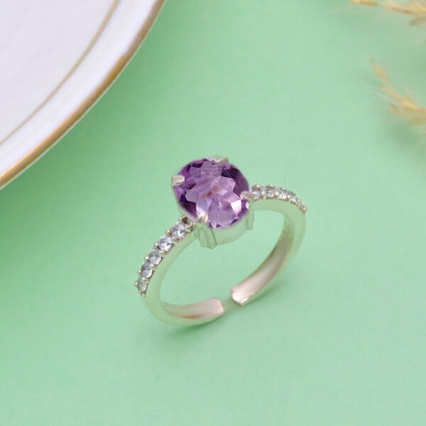 Adjustable Amethyst and Moissanite Stone 925 Silver Ring - Image 3