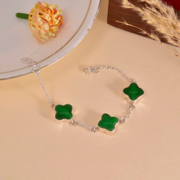 Green Onyx Clover Leaf Lucky Charm 925 Pure Silver Bracelet - Image 2