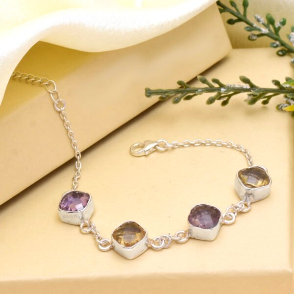 Amethyst & Citrine Clover Leaf Stone 925 Pure Silver Adjustable Bracelet