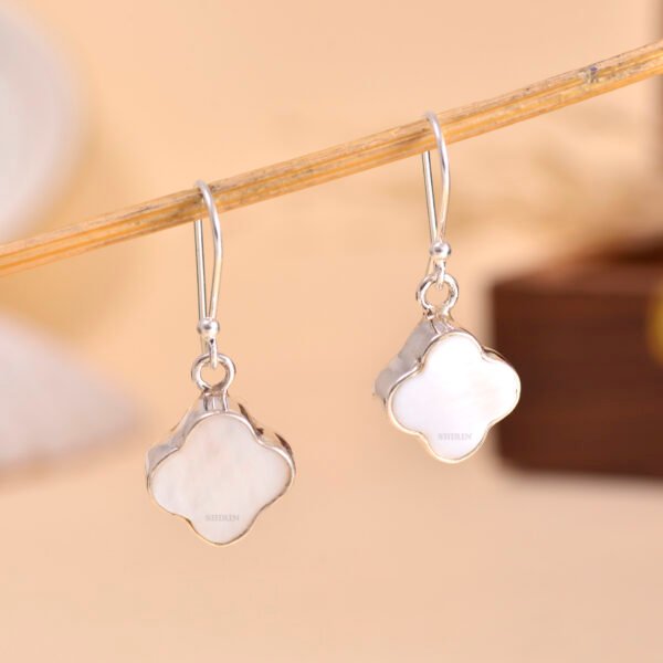Mother of Pearl Clover Leaf 925 Sterling Silver Dangle Earrings