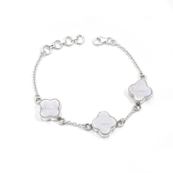 Mother of Pearl 925 Pure Silver Clover Leaf Bracelet - Image 3