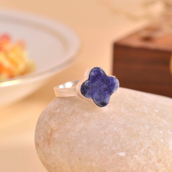Sodalite Stone Clover Leaf 925 Pure Silver Adjustable Ring - Image 3