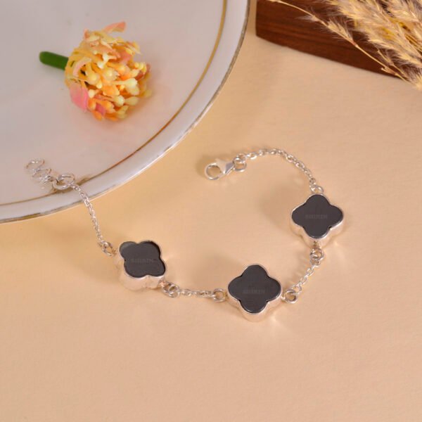 Hematite Stone Clover Leaf 925 Pure Silver Bracelet - Image 3