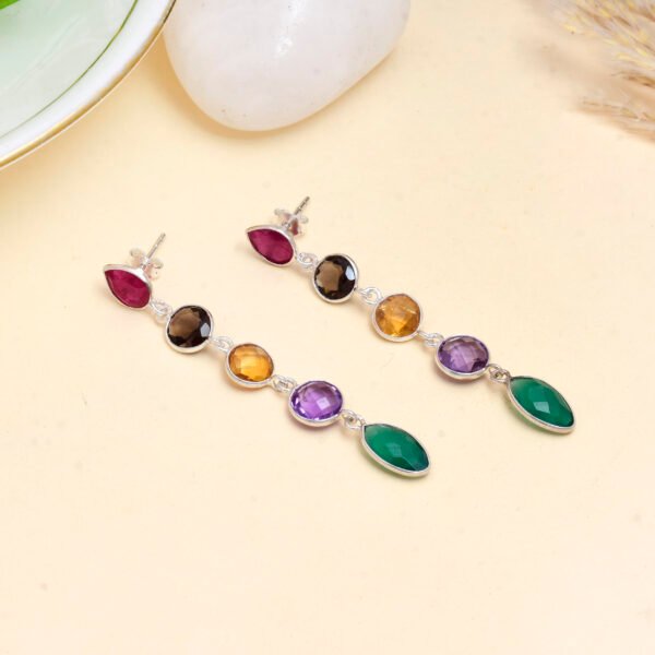Multi-Stone 4-Layer Dangle Earrings in 925 Pure Silver - Image 3