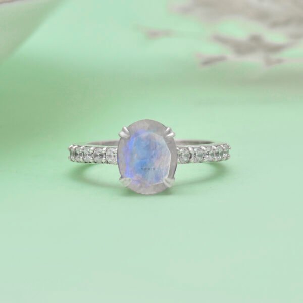 Adjustable Moonstone and Moissanite Stone 925 Silver Ring - Image 4