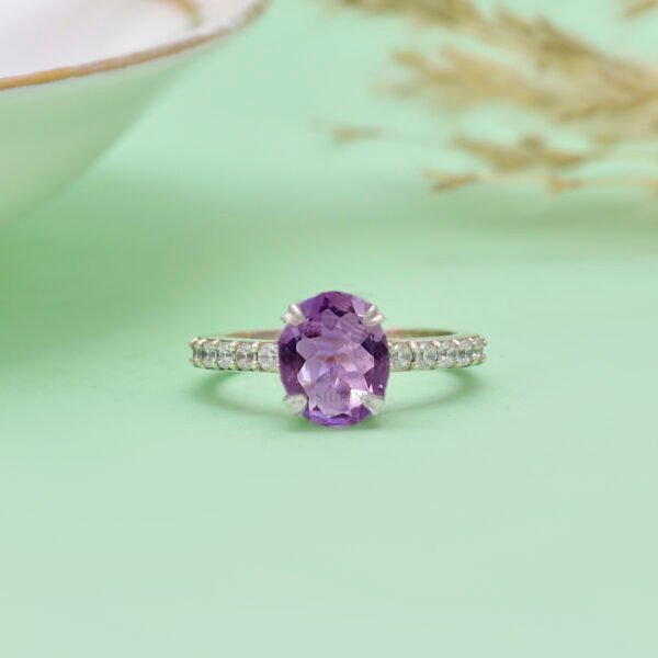 Adjustable Amethyst and Moissanite Stone 925 Silver Ring