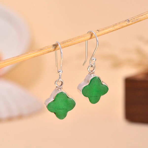 Green Onyx Clover Leaf 925 Pure Silver Dangle Earrings