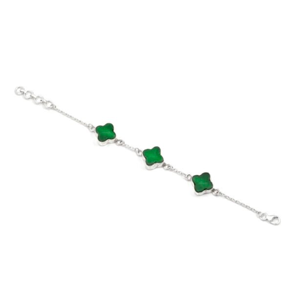 Green Onyx Clover Leaf Lucky Charm 925 Pure Silver Bracelet - Image 3