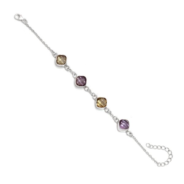 Amethyst & Citrine Clover Leaf Stone 925 Pure Silver Adjustable Bracelet - Image 3