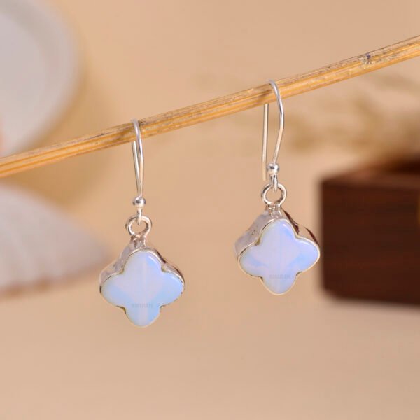 Opalite Stone Clover Leaf 925 Pure Silver  Dangle Earrings - Image 4
