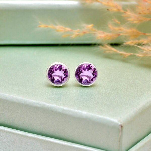 925 Pure Silver Natural Amethyst Stone Studs - Image 4