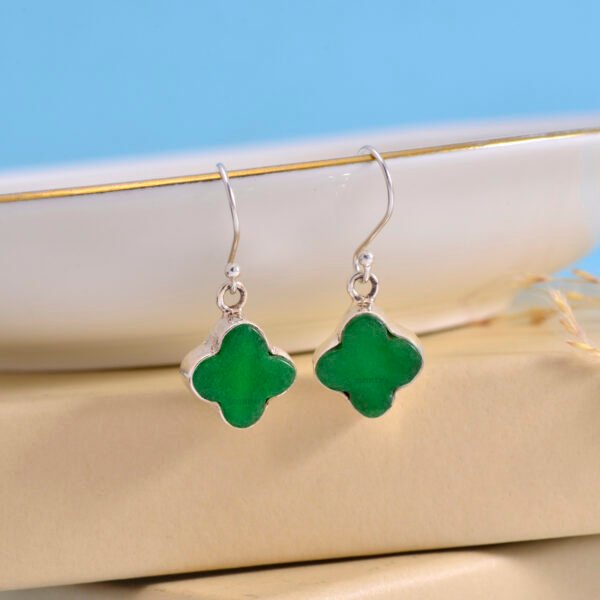 Green Onyx Clover Leaf 925 Pure Silver Dangle Earrings - Image 4