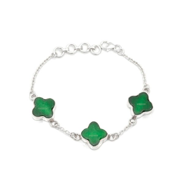 Green Onyx Clover Leaf Lucky Charm 925 Pure Silver Bracelet - Image 4