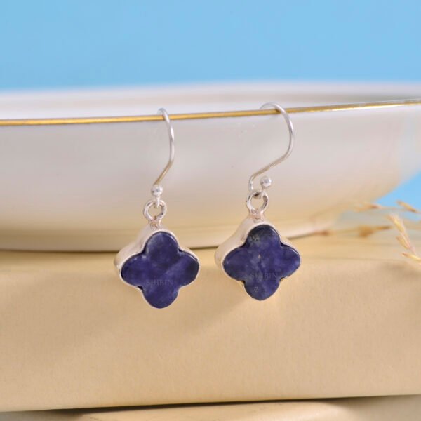 Sodalite Clover Leaf 925 Pure Silver Dangle Earrings