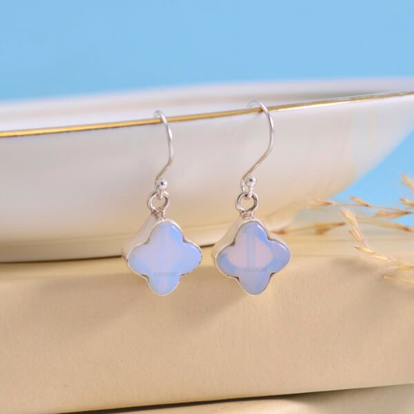 Opalite Stone Clover Leaf 925 Pure Silver  Dangle Earrings