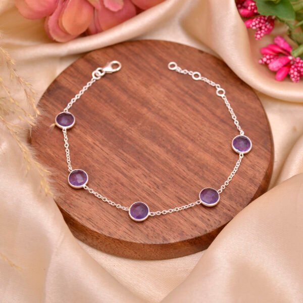 Natural Purple Amethyst Stone 925 Silver Bracelet