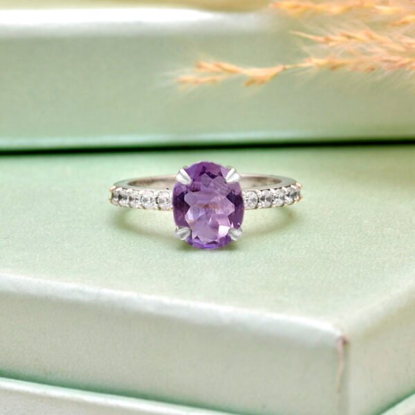Adjustable Amethyst and Moissanite Stone 925 Silver Ring - Image 5