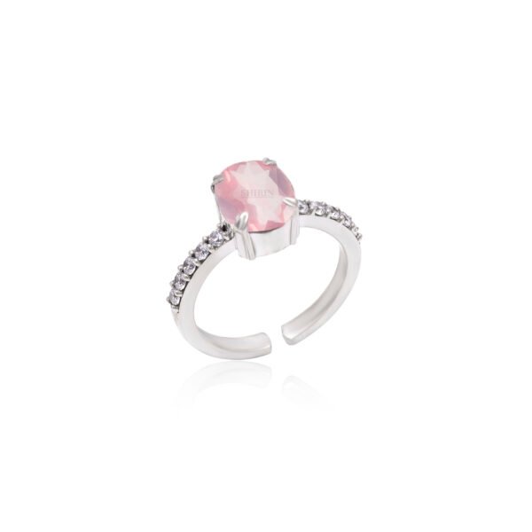 Adjustable Rose Quartz and Moissanite Stone 925 Silver Ring - Image 2