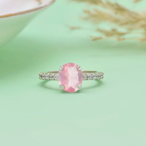 Adjustable Rose Quartz and Moissanite Stone 925 Silver Ring