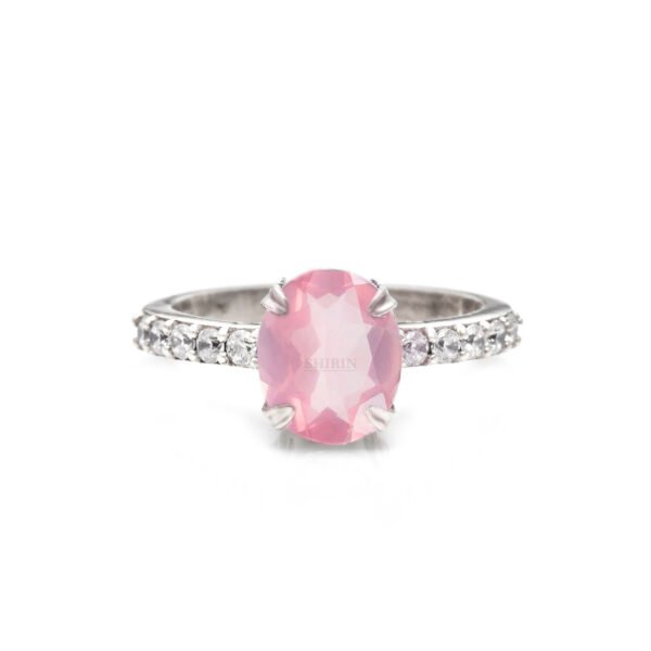 Adjustable Rose Quartz and Moissanite Stone 925 Silver Ring - Image 3